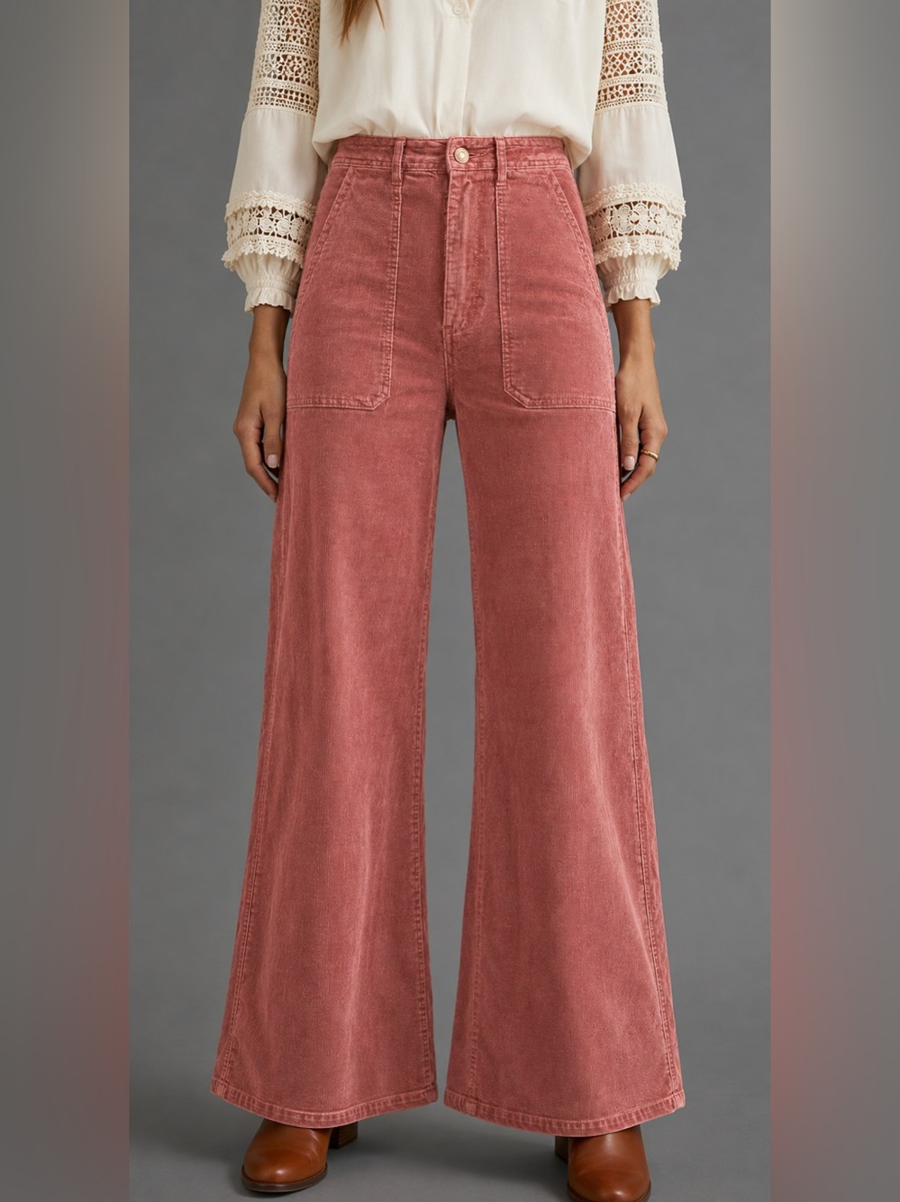 Anthropologie Pilcro Wide Leg Carpenter Corduroy Pants in Rustic Rose Rust
